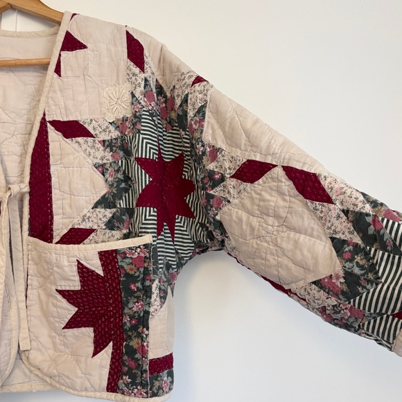 Hand Crafted Quilted Patchwork Jacket in Cream and Burgundy - Picture 3 of 16